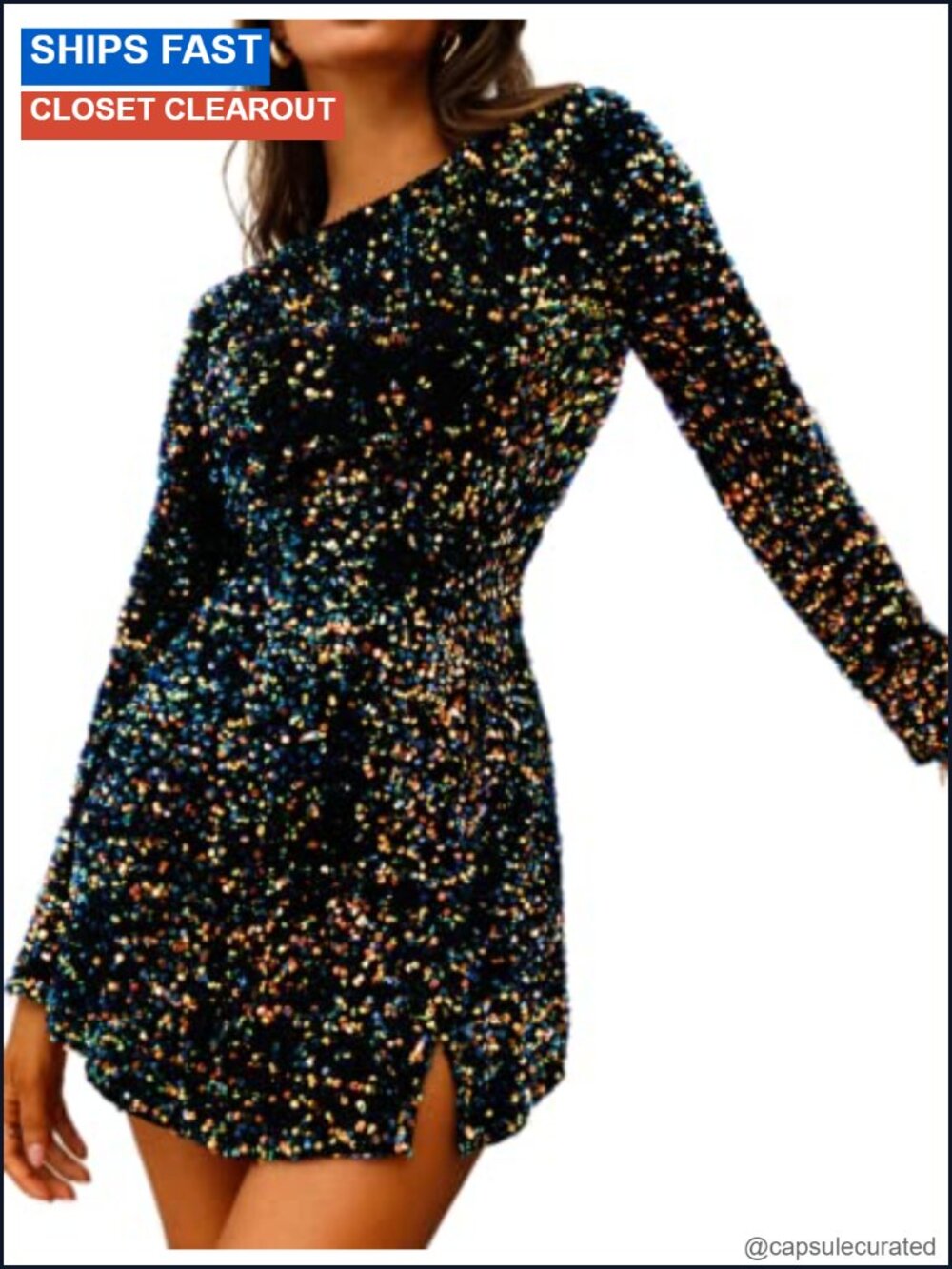 Women's Sequin Bodycon Mini Dress Long Sleeve Velvet Glitter Backless Party Club